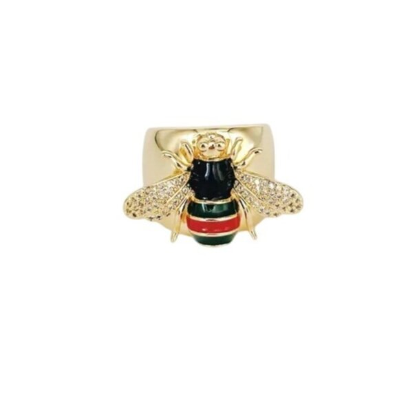 Womens Bee Ring Clear Crystals Red Green Black Enamel Gold Plated Adjustable - Picture 6 of 6